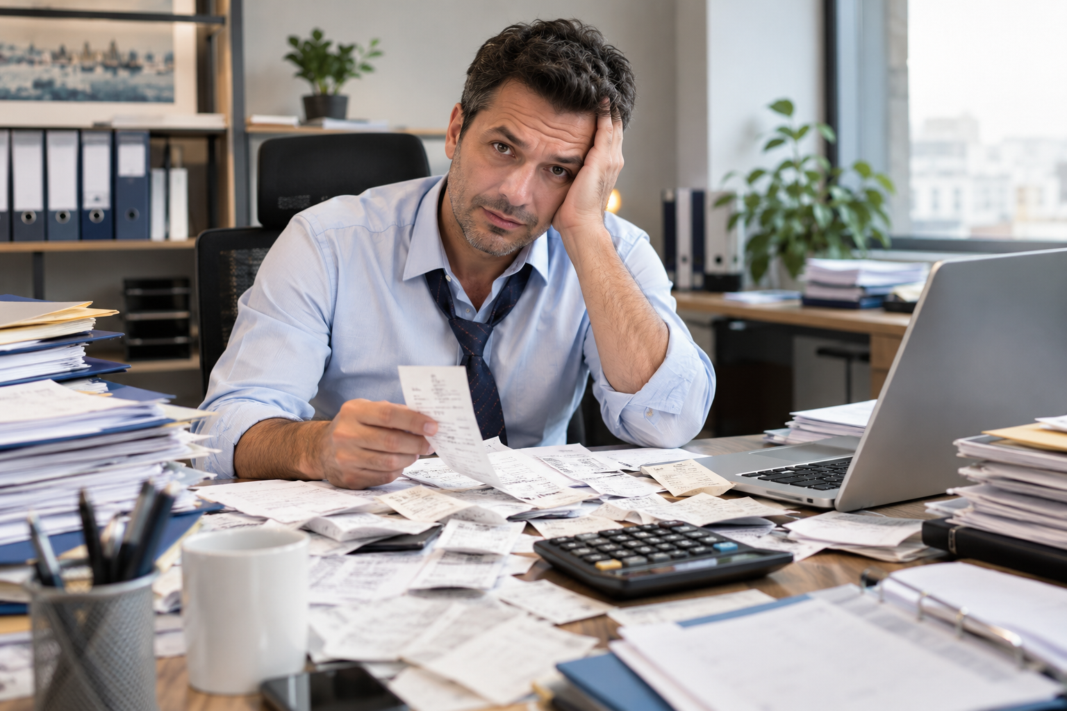 Kasa fişleriyle boğuşan bir büro çalışanı